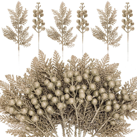 SPWOLFRT 24 Pieces Christmas Tree Decorations - 12pcs Artificial Glitter Berries Stems and 12pcs Glitter Cedar Leaves for Christmas Tree Decor Wreath Making Vase Filler DIY Crafts (Champagne)