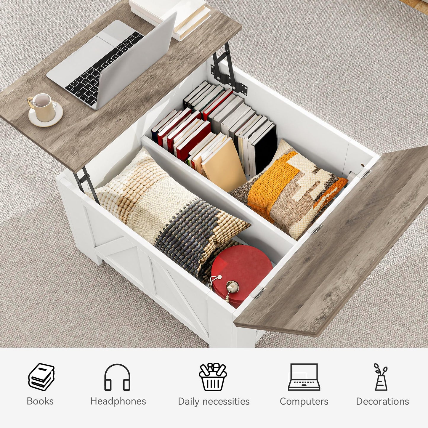 YITAHOME Farmhouse Lift Top Coffee Table with Storage, Wood Square Center Table with Charging Station & USB Ports and Hidden Compartment Coffee Tables for Living Room Bedroom, Home Office, White