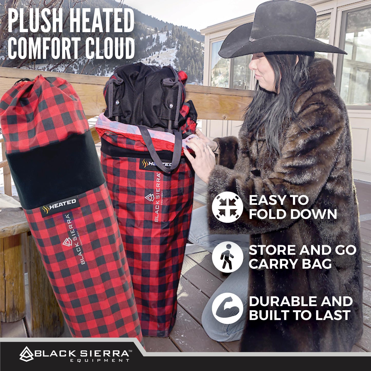 Black Sierra Heated Camping Chair for Adults, Oversized Outdoor Seat with Plush Padding, Supports 400lbs, Cup Holders and Carry Bag, Heavy Duty Folding Chair for Tailgating, Patio, or Sideline Comfort