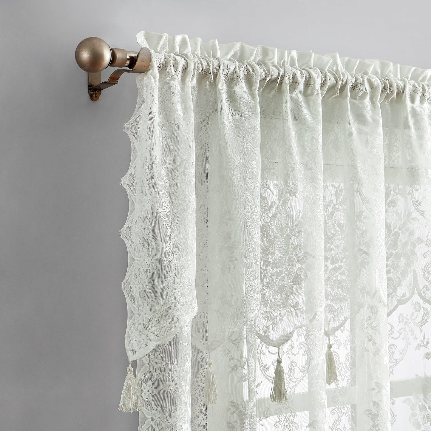 LinenZone Pair of 2 Lace Curtain Panels with Attached Valance and 6 Tassels. Sheer Lace Curtains for Living Room, Dining Room, Bedroom or Kitchen. Classic English Rose Design. (Luna 54 x 63, Ivory)