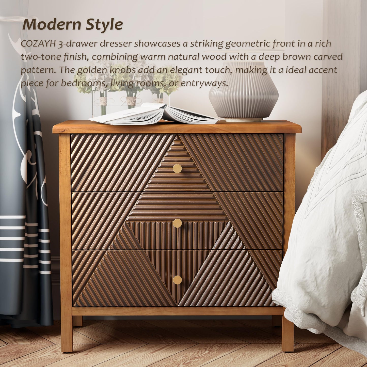 COZAYH 3 Drawer Fluted Dresser with Carved Geometric Pattern, Modern Nightstand, Side End Table for Bedroom, Accent, Carved, Alloy Handle, Fully-Assembled, Brown, Natural Wood