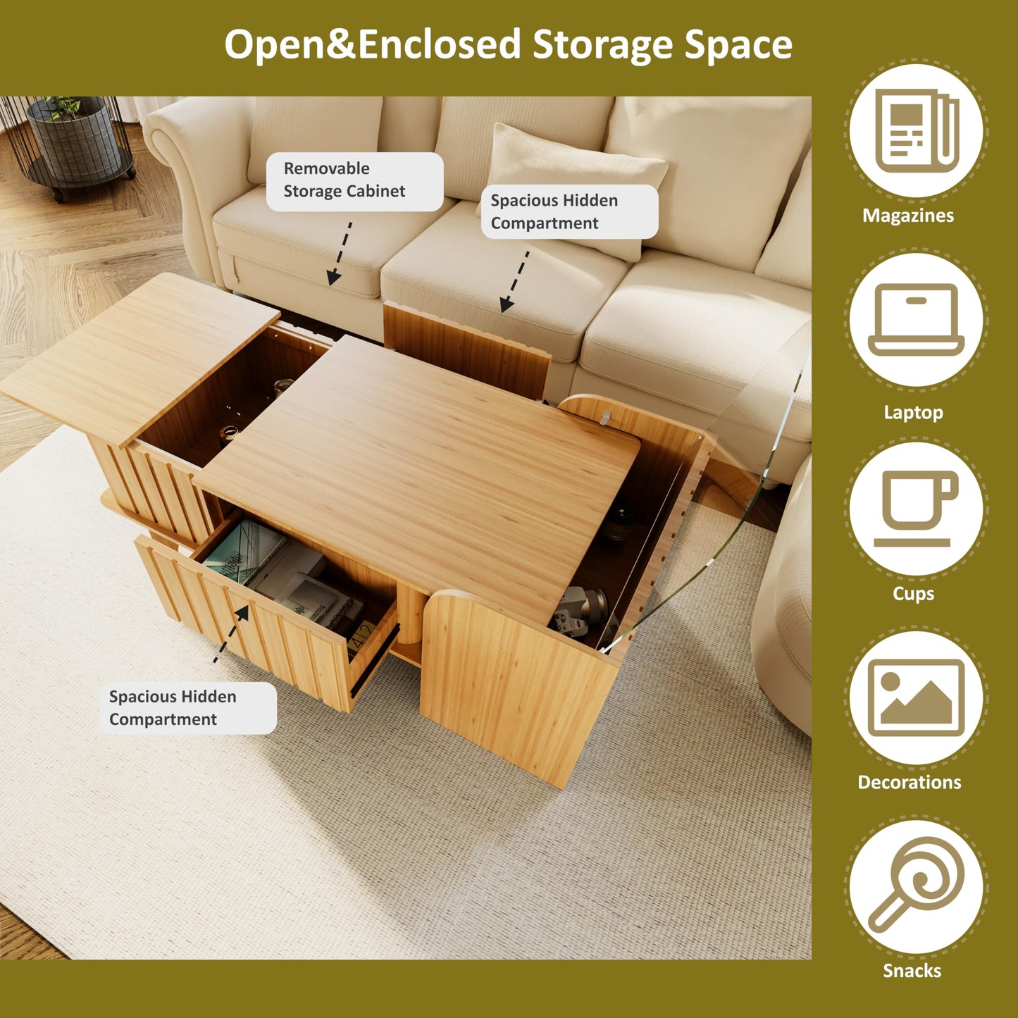 Jartoil Extendable Coffee Table with Storage, Wood Coffee Table with Hidden Compartment, Expandable Coffee Tables with Side Table for Living Home(Natural)