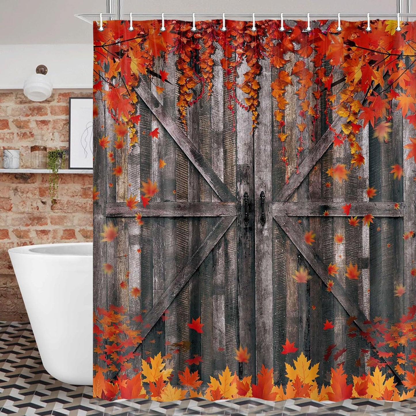 Rustic Fall Barn Door Shower Curtain Sets for Bathroom,Seasonal Theme Autumn Maple Leaves Bath Curtain, Retro Wood Board Thanksgiving Harvest Day Farmhouse Decoration Curtains with Hooks 72X84IN