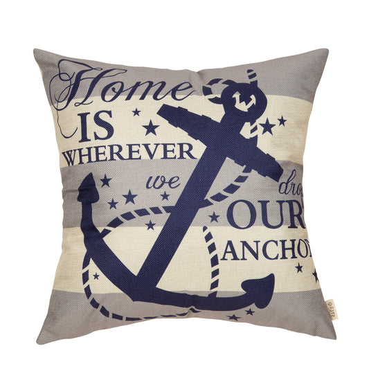 Fjfz Nautical Farmhouse Decorative Throw Pillow Cover 18x18 Home is Wherever We Drop Our Anchor Quote Sign Summer Ocean Cruise Lover Decoration Home Decor Cotton Linen Cushion Case for Sofa Couch