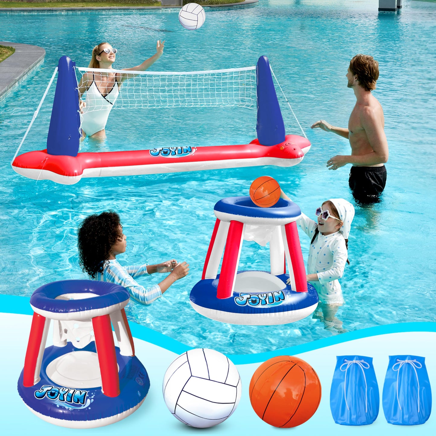 JOYIN Inflatable Pool Float Set Volleyball Net & Basketball Hoops, Floating Swimming Game Toy Floaties for Kids and Adults Volleyball Court (105”x28”x35”)|Basketball (27”x23”x27”),L-Pink Purple