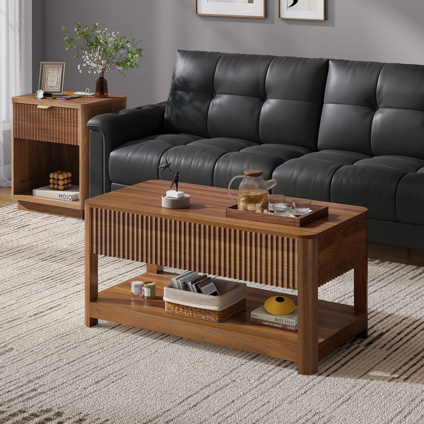 Nasonet Lift Top Coffee Table with Storage, Mid Century Modern Coffee Table with Hidden Compartment, Fluted Wood Center Table for Small Space, Living Room, Home Office(Walnut)