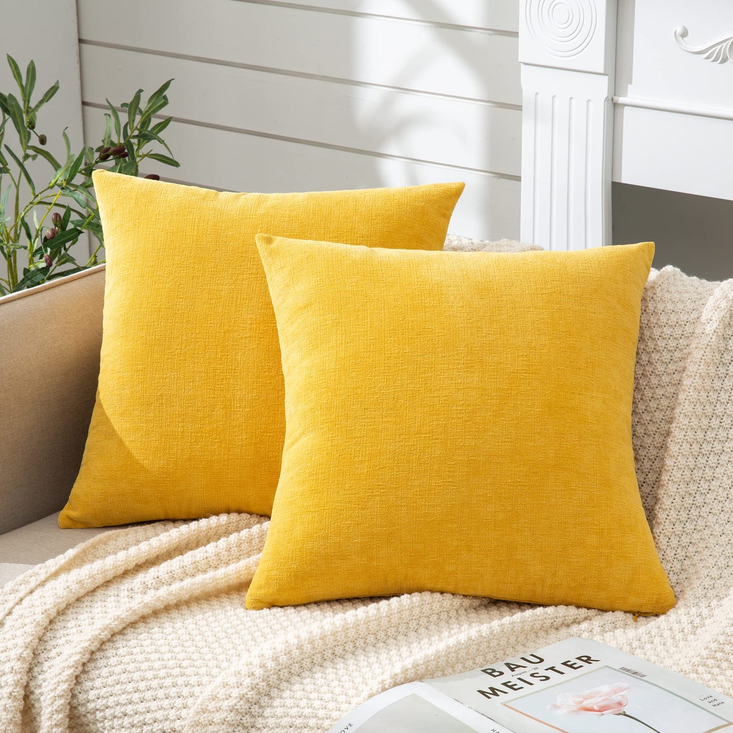 Decorative Square Throw Pillow Covers 20x20 Inch set of 2, Super Soft Chenille Farmhouse Pillowcase for Living Room Bedroom Sofa Couch Cushion Cover Gold Yellow 50x50cm/20x20 Inch
