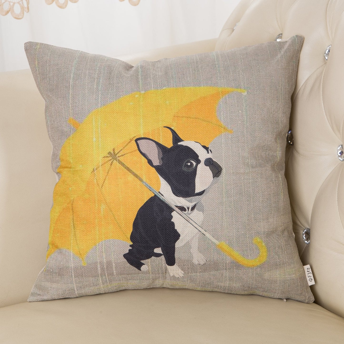 Fjfz Boston Terrier with Yellow Umbrella Dog Lover Decor Gift Cute Funny Decoration Cotton Linen Home Decorative Throw Pillow Case Cushion Cover for Sofa Couch, 18" x 18"
