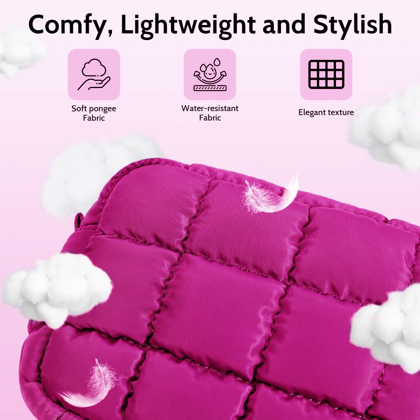 DOYOGI Quilted Cosmetic Bag, Puffer Makeup Bags, Crossbody Purses for women,Cute Travel Toiletry Bag for Women (Rose Red)
