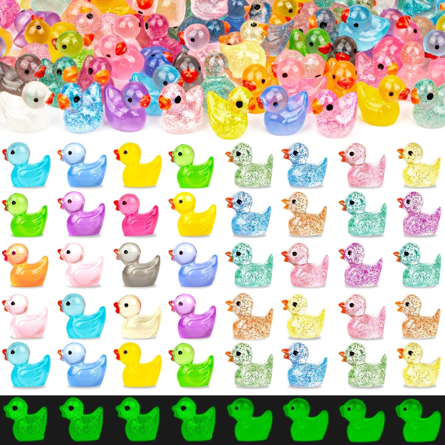 FEXIA 100pcs Mini Ducks Glitter Resin Ducks Mini Resin Animals Figures to Hide Glow in The Dark Tiny Duck Figures for Dollhouse Aquarium Fairy Garden Decor