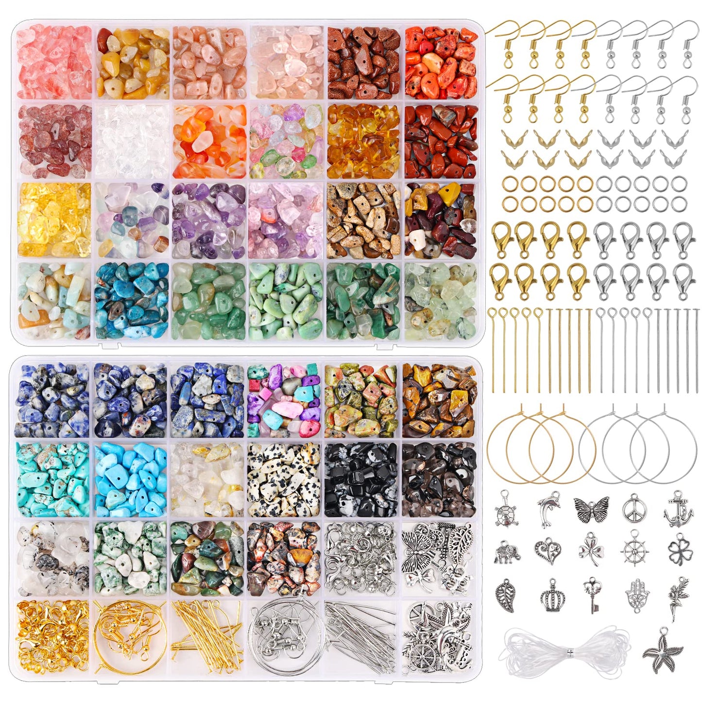 QUEFE 1800pcs 56 Colors Crystal Beads, Ring Making Kit, Gemstone Chip Beads Irregular Natural Stone with Jewelry Making Supplies for DIY Craft Bracelet Necklace Earrings, Craft Gifts