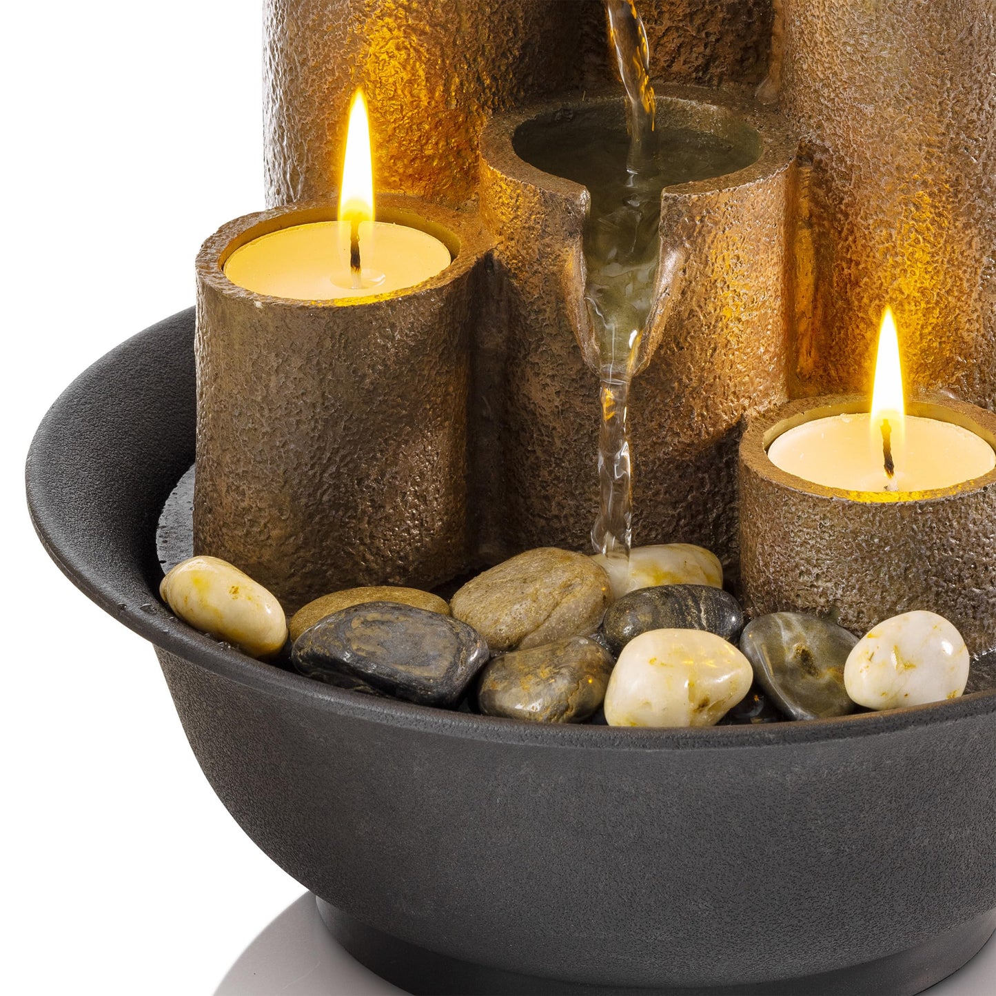Alpine Corporation WCT202 Indoor Tabletop Tiered Water Fountain Featuring 3 Candles for Desktop and Table, 11", Brown