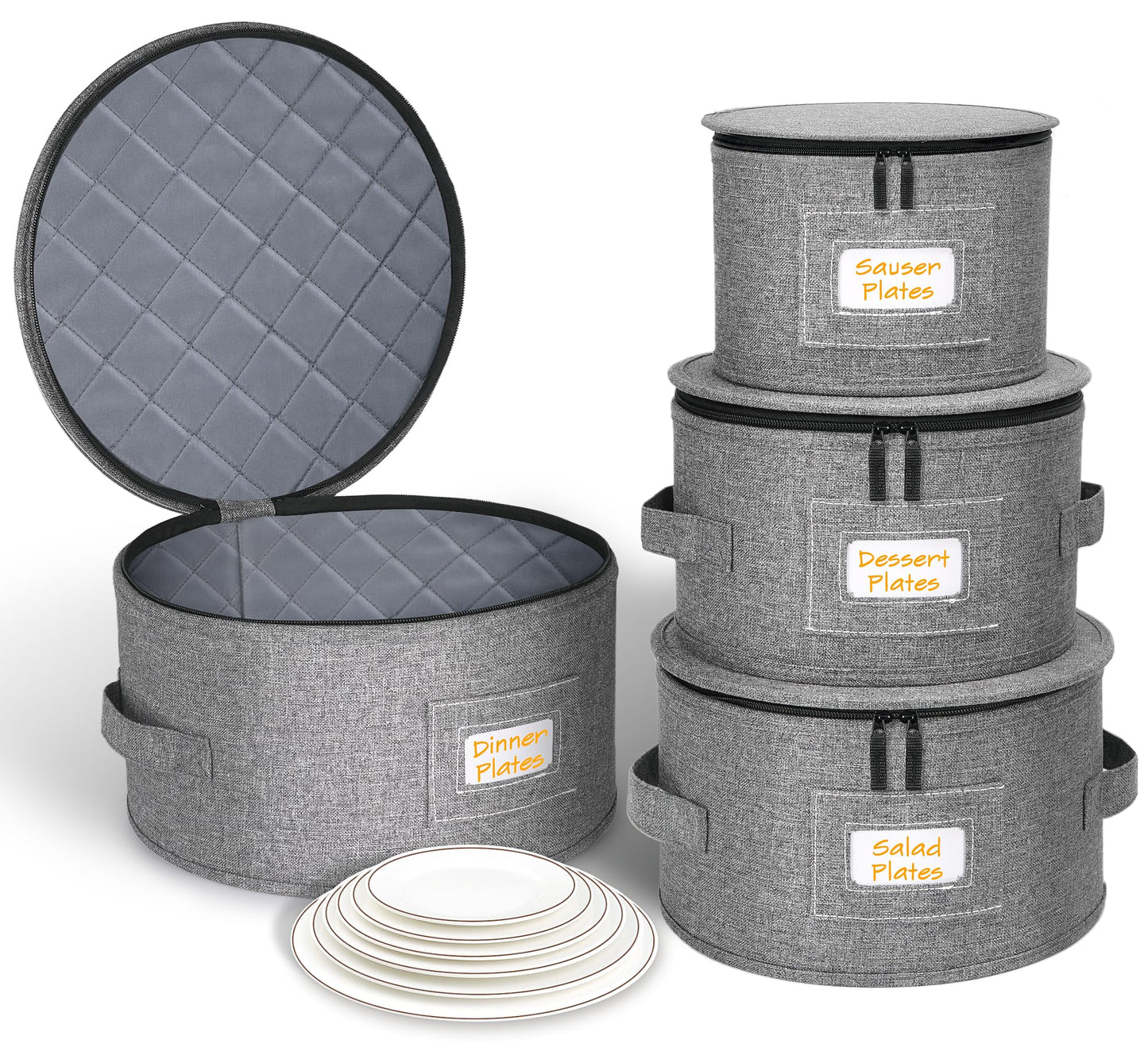 punemi China Storage Containers, Dish Storage with Rigid Top Side Bottom Support & Felt Dividers for Charger Plates Dinnerware, Perfect for Moving Supplies, 4PCS Stackable Fine China Storage, Gray