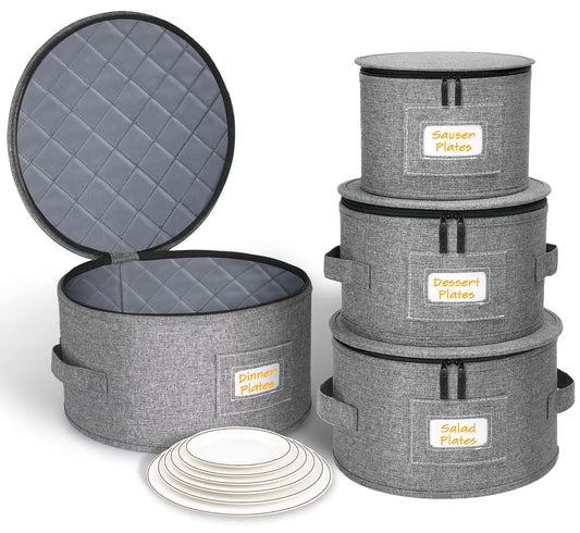 punemi China Storage Containers, Dish Storage with Rigid Top Side Bottom Support & Felt Dividers for Charger Plates Dinnerware, Perfect for Moving Supplies, 4PCS Stackable Fine China Storage, Gray