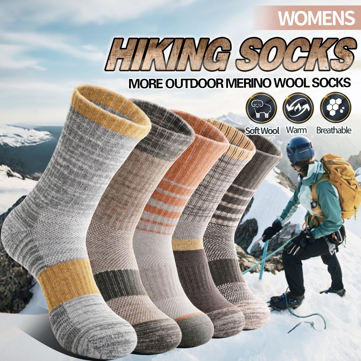 Anlisim Merino Wool Socks for Women Hiking Thermal Warm Winter Boot Work Crew Cushion Ladies Socks 5 Pairs Gift Stocking Stuffers(Yellow Brown,M)