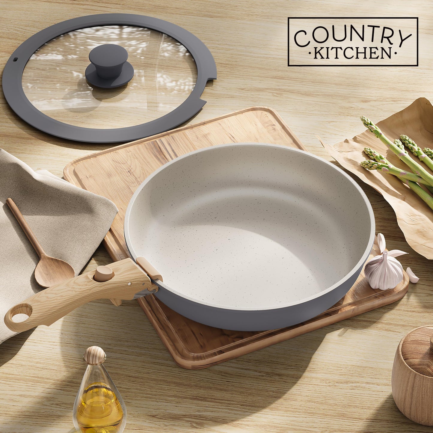 Country Kitchen Cookware Set with Removable Handle, Oven & RV Safe Pots and Pans Set, Grey/Ivory Wood Handle, Original