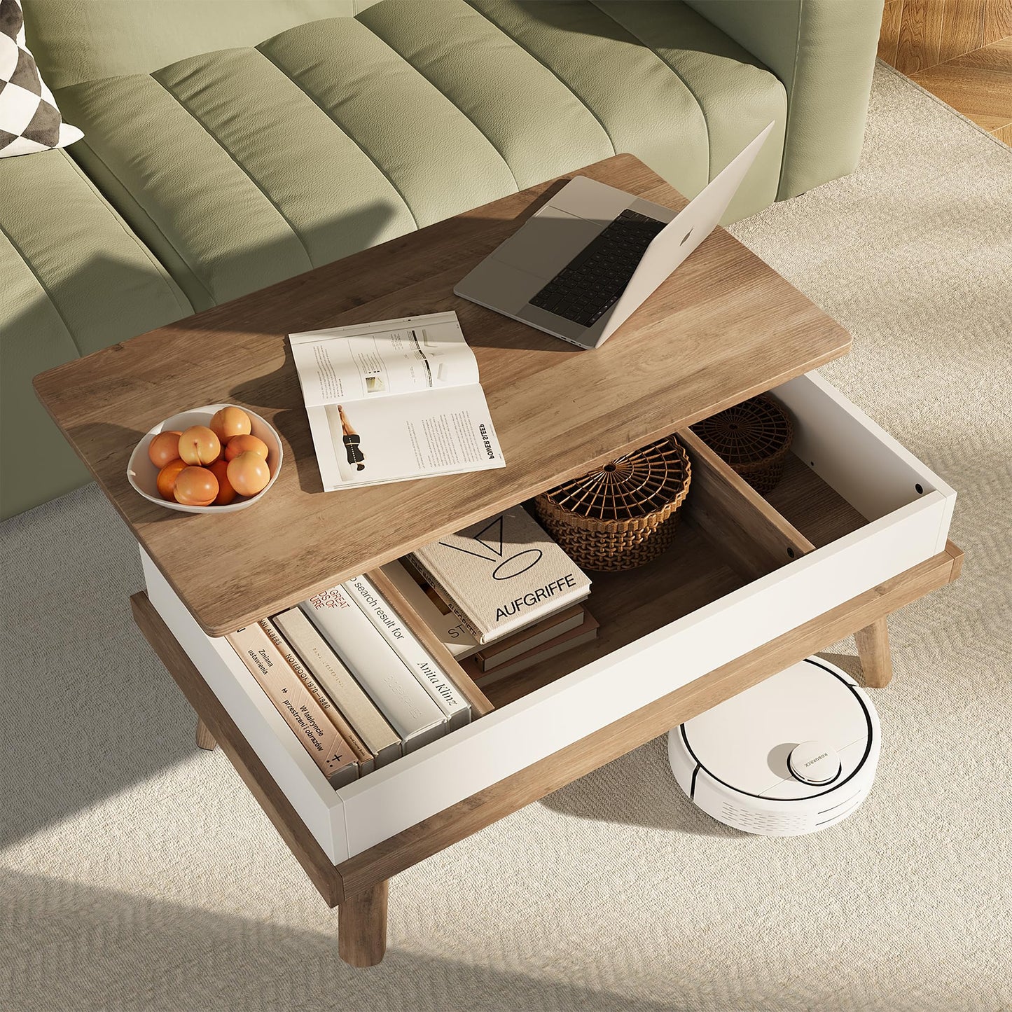 Meilocar Wood Coffee Table, Lift Top Coffee Table with Hidden Compartment, Living Room Reception Room, 39.4in L, Ivory