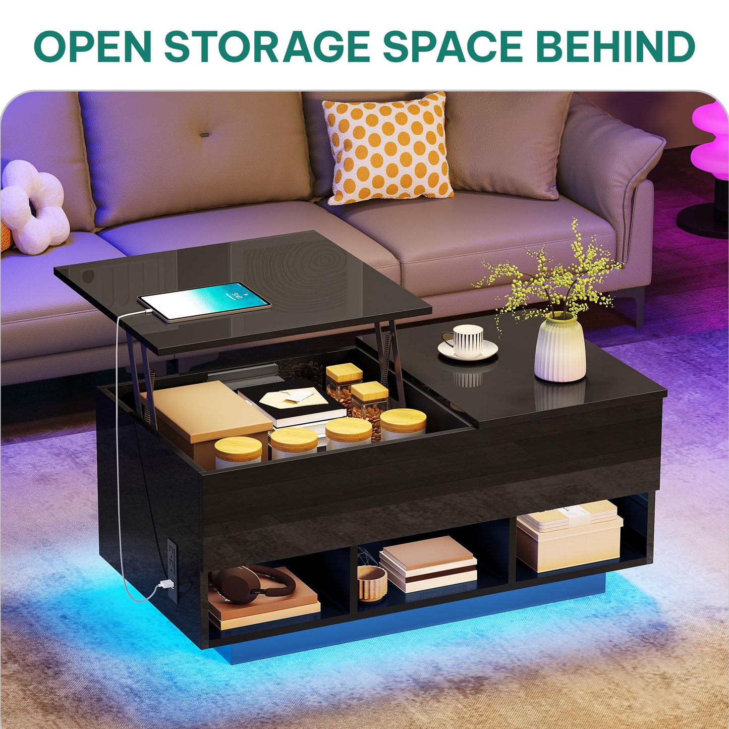 YITAHOME LED Lift Top Coffee Tables with Power Outlets Charging Station for Living Room, Modern Coffee Table with Storage 2 Drawers and Open Shelfs Rectangular Small Coffee Table Decor, Glossy Black