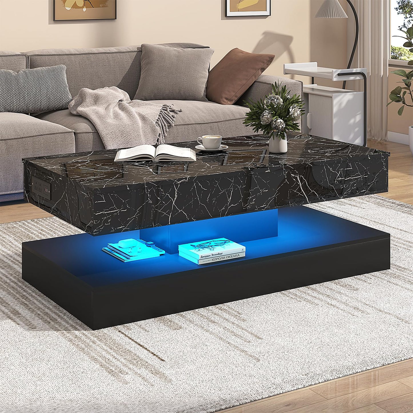 chartustriable 47.2" Large Lift Top Coffee Table with Charging Station, LED Modern High Glossy Center Table with Hidden Compartment Storage, White Lift Living Room Tables with Marbling Print, Black