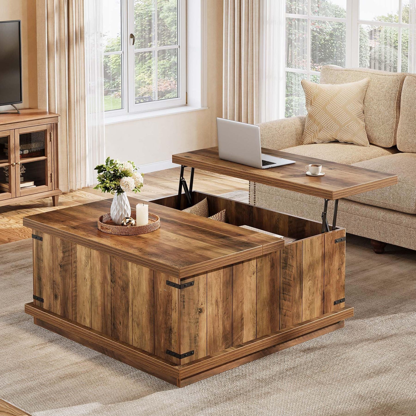 Tribesigns Farmhouse Lift Top Coffee Table, 33.46'' Square Wooden Center Cocktail Table with Large Hidden Storage Compartment for Living Room, Rustic Brown