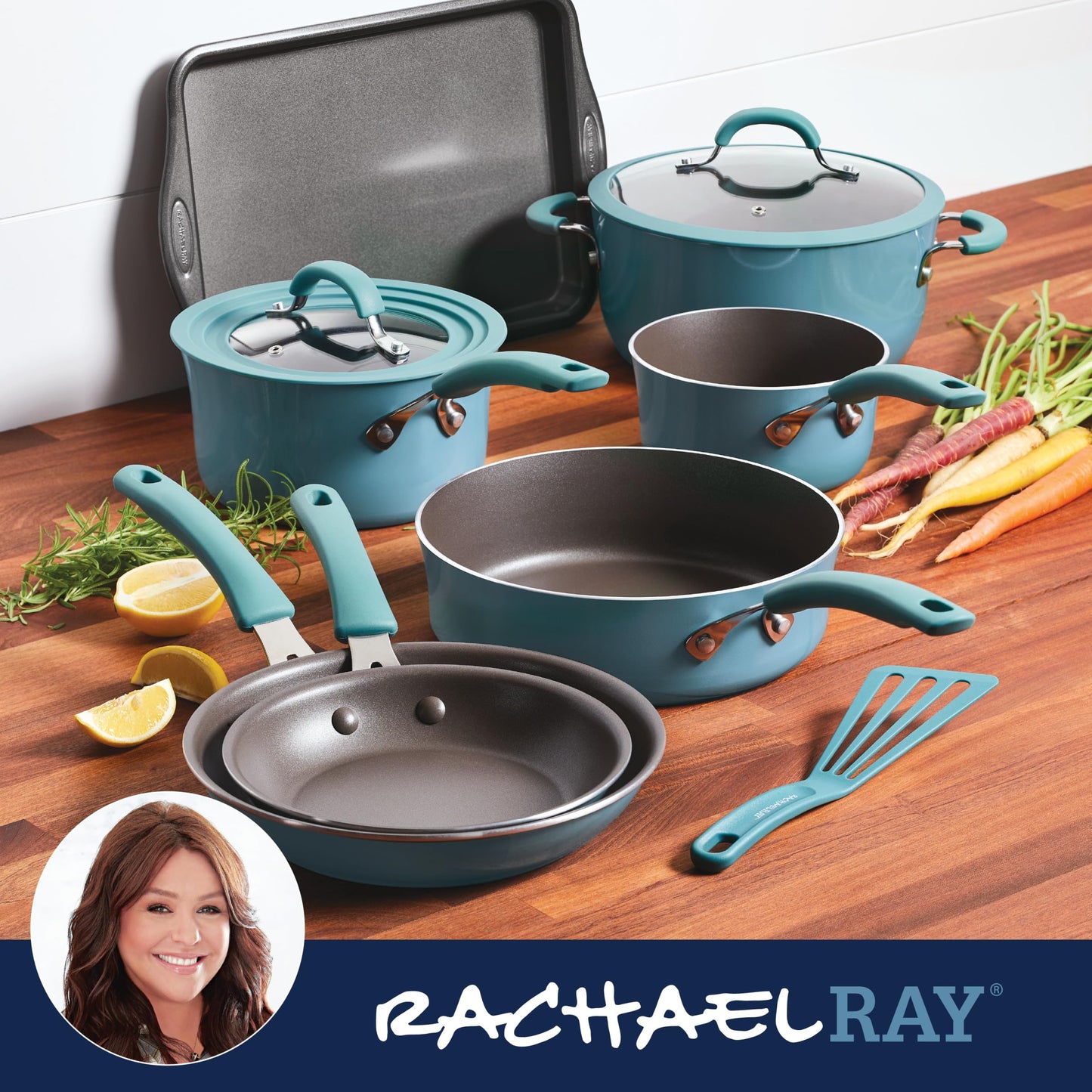 Rachael Ray Cook + Create Nonstick Cookware/Pots and Pan Set, 10 Piece, Agave Blue