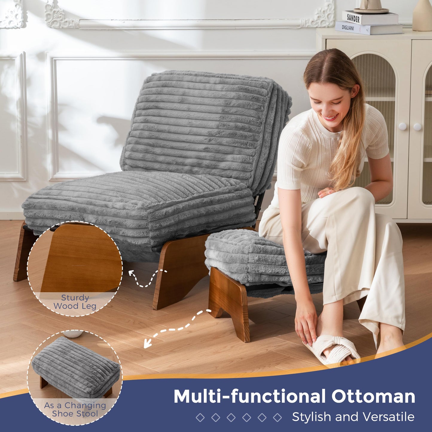 MAXYOYO Modern Adjustable Accent Chair with Ottoman, Upholstered Living Room Chair with Footrest Set, Soft Reclining Lounge for Bedroom, Apartment, Office, Grey