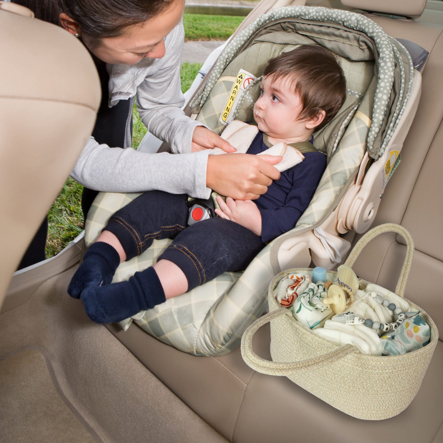 Baby Diaper Caddy Organizer for Girl Boy Cotton Rope Nursery Storage Bin Basket Portable Holder Tote Bag for Changing Table Car Travel Baby Shower Gifts Newborn Registry Must Have Items oatmeal