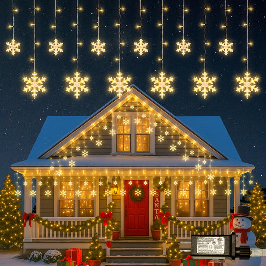 Qunlight Christmas Snowflake Lights,6.5ft 144LED Window Icicle Lights with 12 Drops,8 Modes Timer Connectable Curtain Light Plug in for Bedroom,Eaves,Wedding,Indoor Outdoor Xmas Decor,Warm White