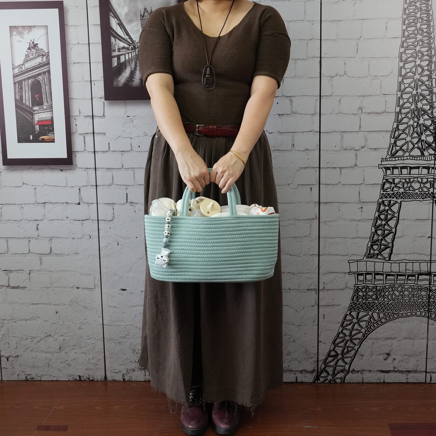 Diaper Caddy Organizer for Baby Cotton Rope Nursery Storage Bin Basket Portable Holder Tote Bag for Changing Table Car Travel Baby Shower Gifts Newborn Essentials Registry Must Haves Light Green