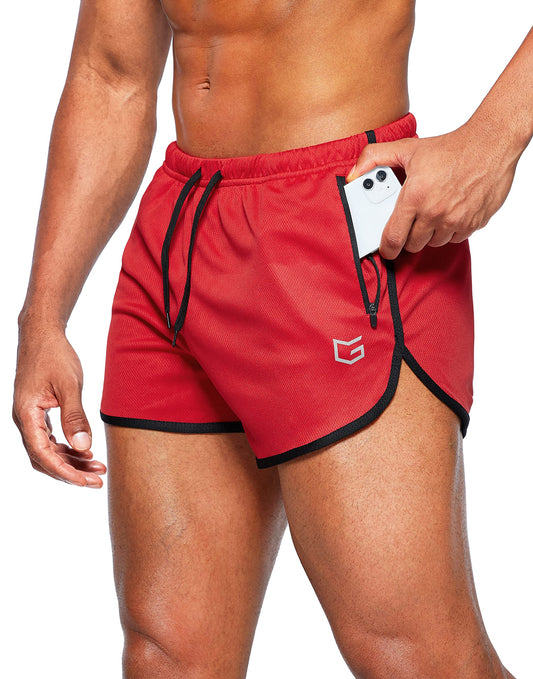 G Gradual Men's Running Shorts 3 Inch Quick Dry Gym Athletic Jogging Shorts with Zipper Pockets (Red, Large)