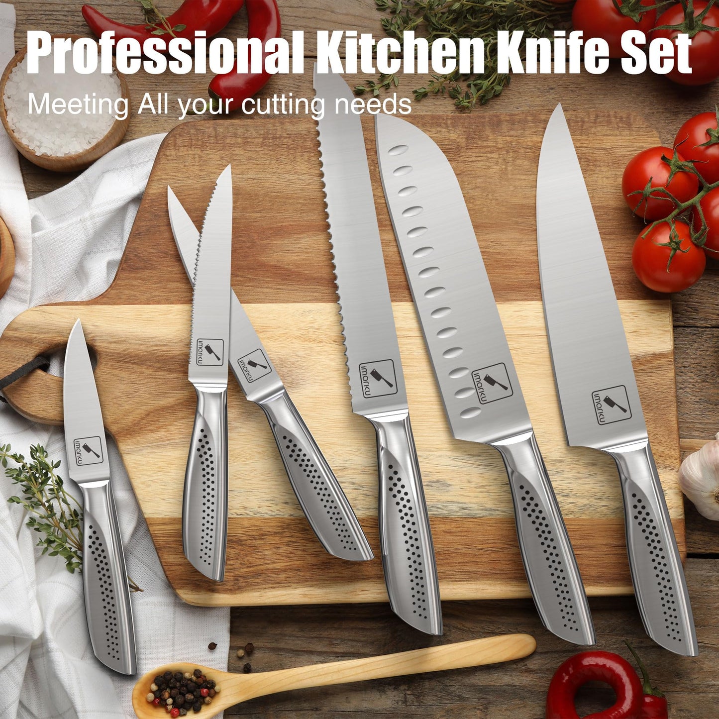 imarku Knife Set, Japanese HC Stainless Steel 15 PCS Kitchen Knife Set With Block With Built-in Sharpener, Razor-Sharp Blade Knife Block Set With Dotted Ergomomic Handle, Best Birthday Gifts, White