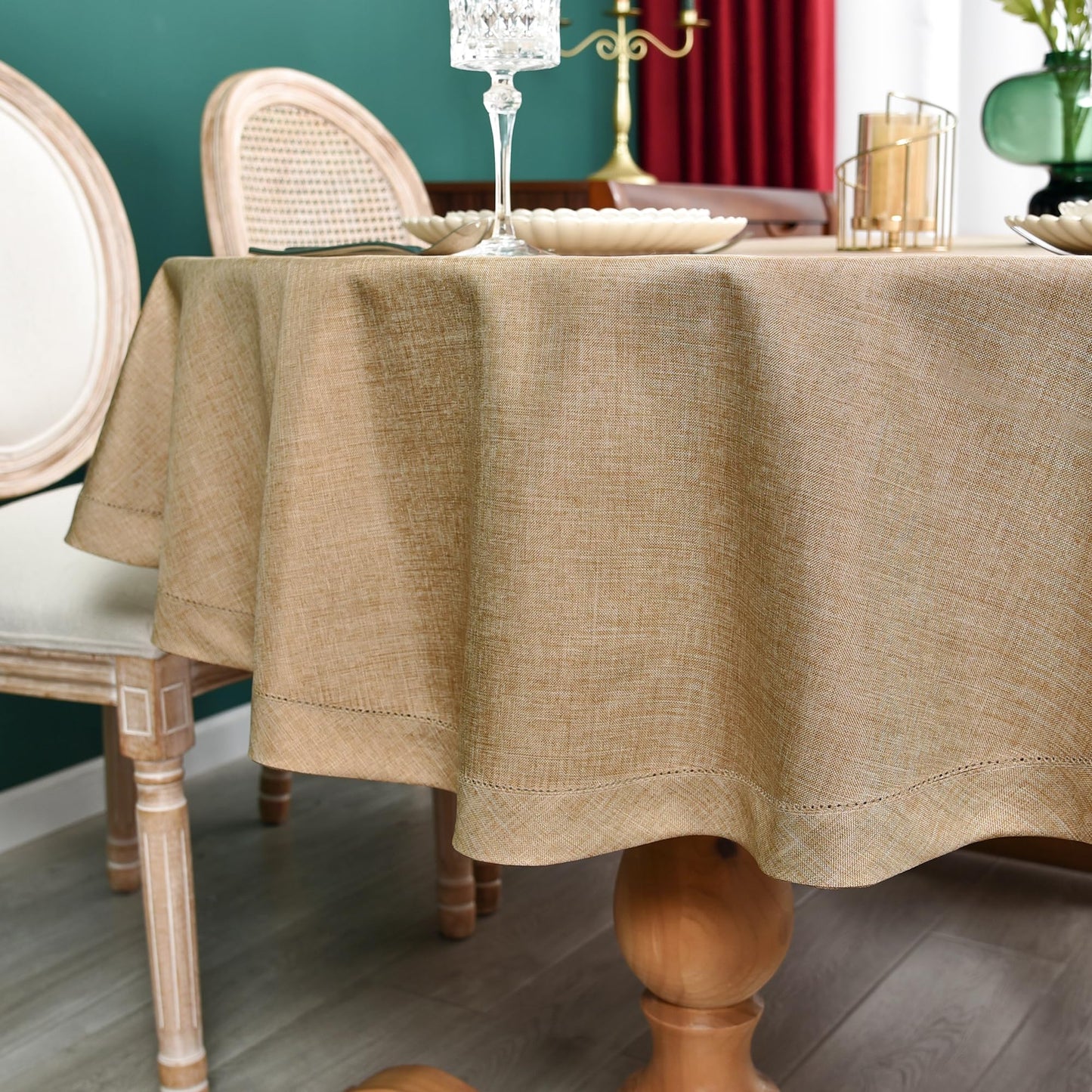 NEWISHER Farmhouse Oval Hemstitch Border Tablecloth Neutral Faux Linen Table Cloth Rustic Table Cover for Dining Kitchen Party Holiday Home (Flaxen, 52x70 Inch)