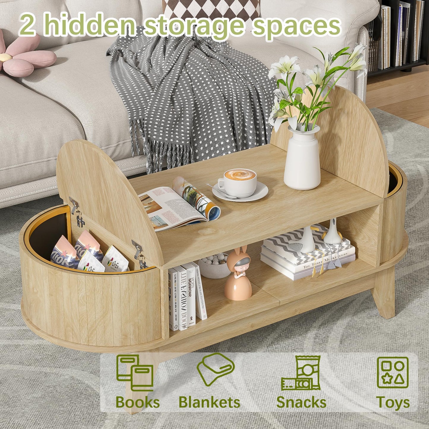 Coffee Table with 2 Hidden Storage,Mid Century Modern Coffee Table with Fluted Finish,Wood Center Tables Oval Coffee Tables with Flip-Top Lids for Living Room Home Office (Oak)