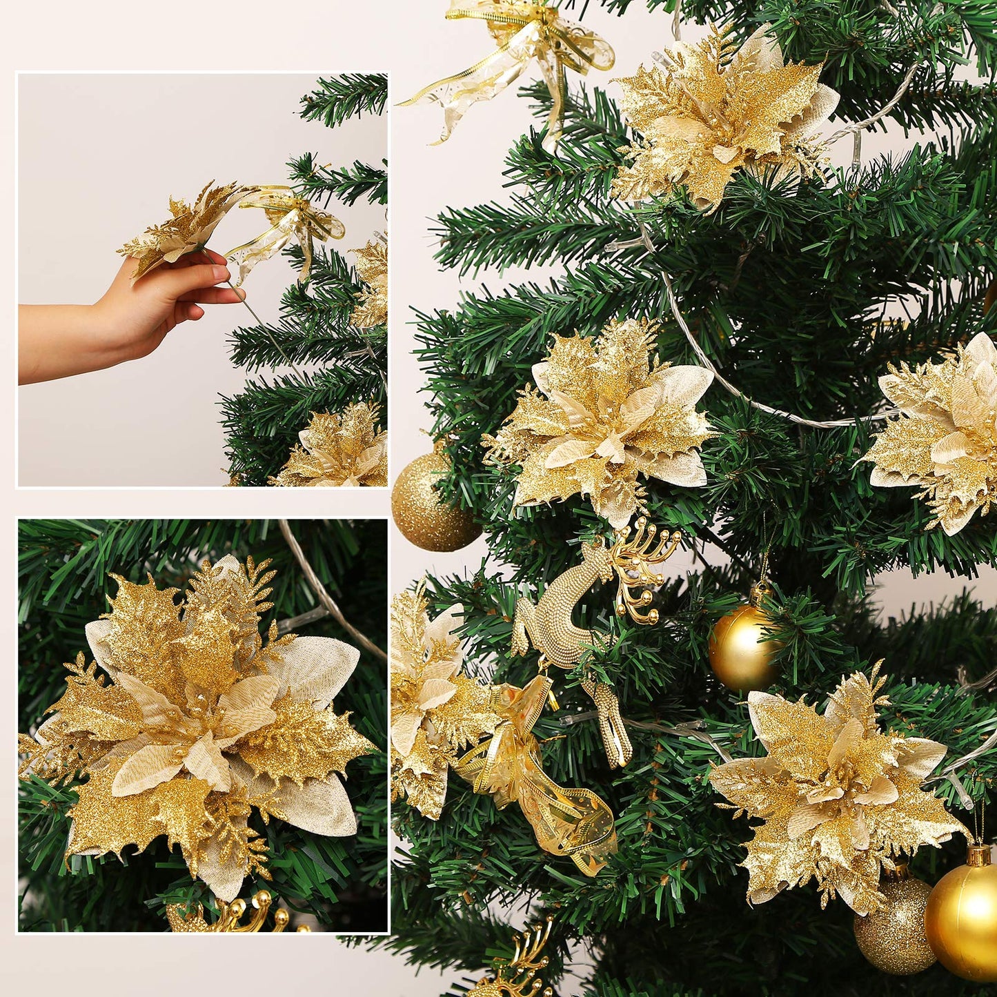 GREENTIME 12 Pcs Glitter Poinsettia 5.5" Artificial Flowers Christmas with Clips Stems Xmas Tree Ornaments for Wedding Party Wreath Decoration (Golden