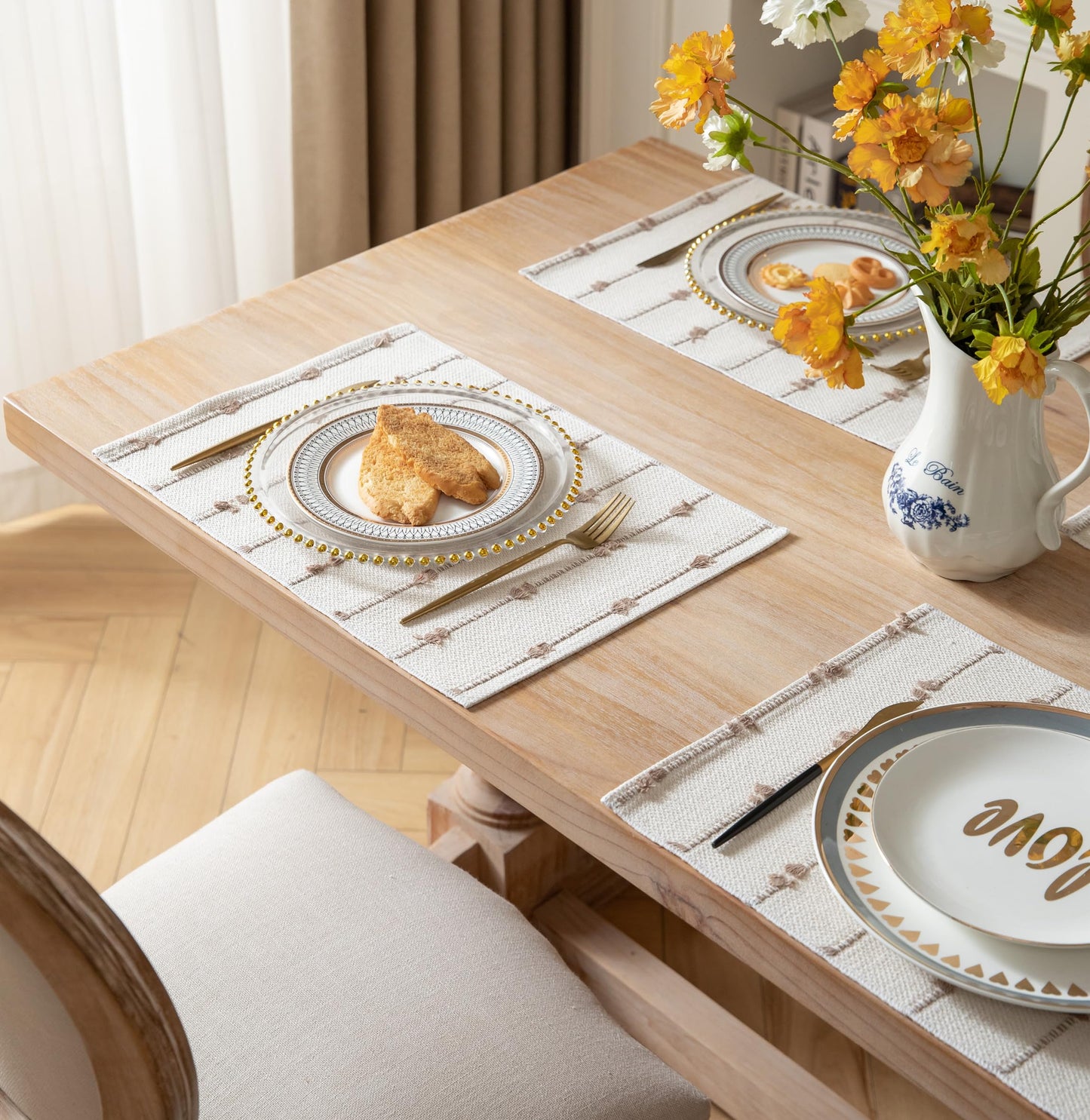 Boho Placemats Set of 6 for Dining Table Decor, Woven Cloth Place Mats for Farmhouse Rustic Kitche Home Decor, Cotton Placemats 13 x 19 Inch, Taupe and Beige Table mats