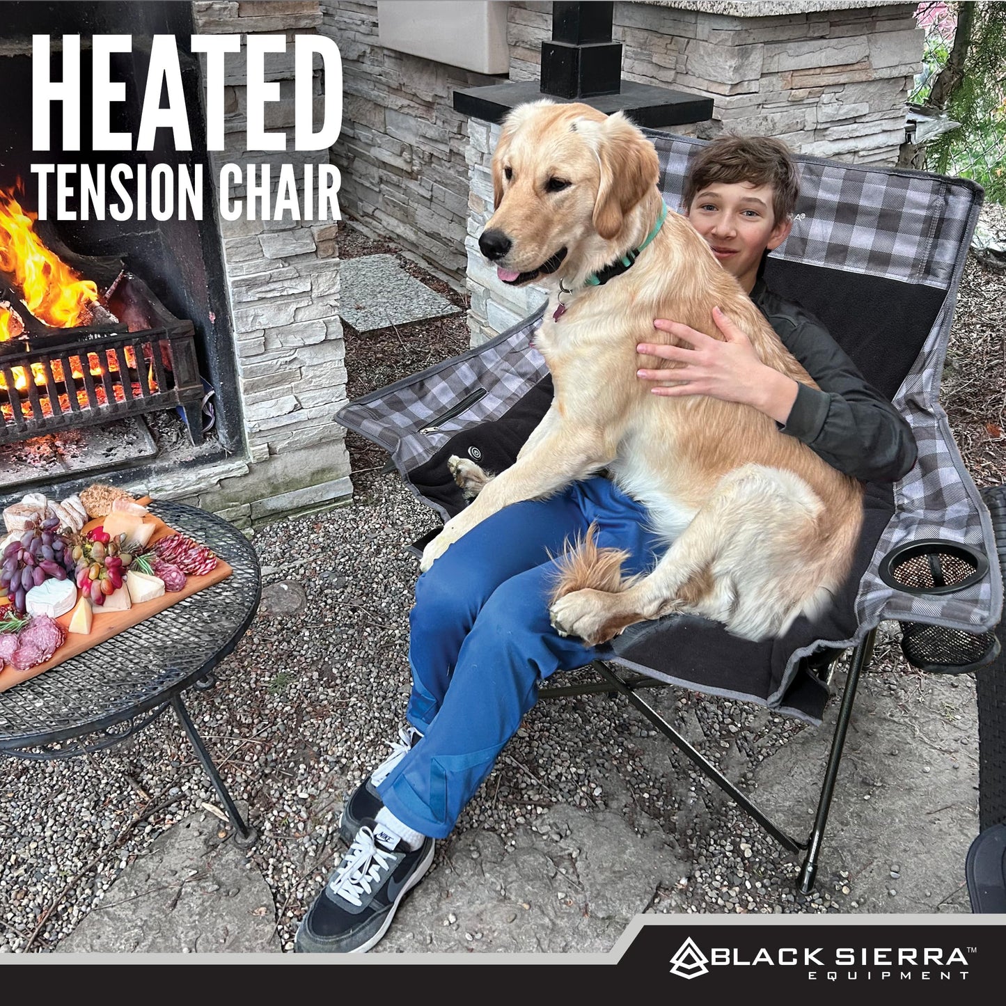Black Sierra Heated Camping Chair with Battery – XL Fleece Foldable Seat, 3 Heat Settings, Heavy-Duty Steel Frame Supports 300 lbs – Portable, Lightweight for Camping, Sports, Patio, Events