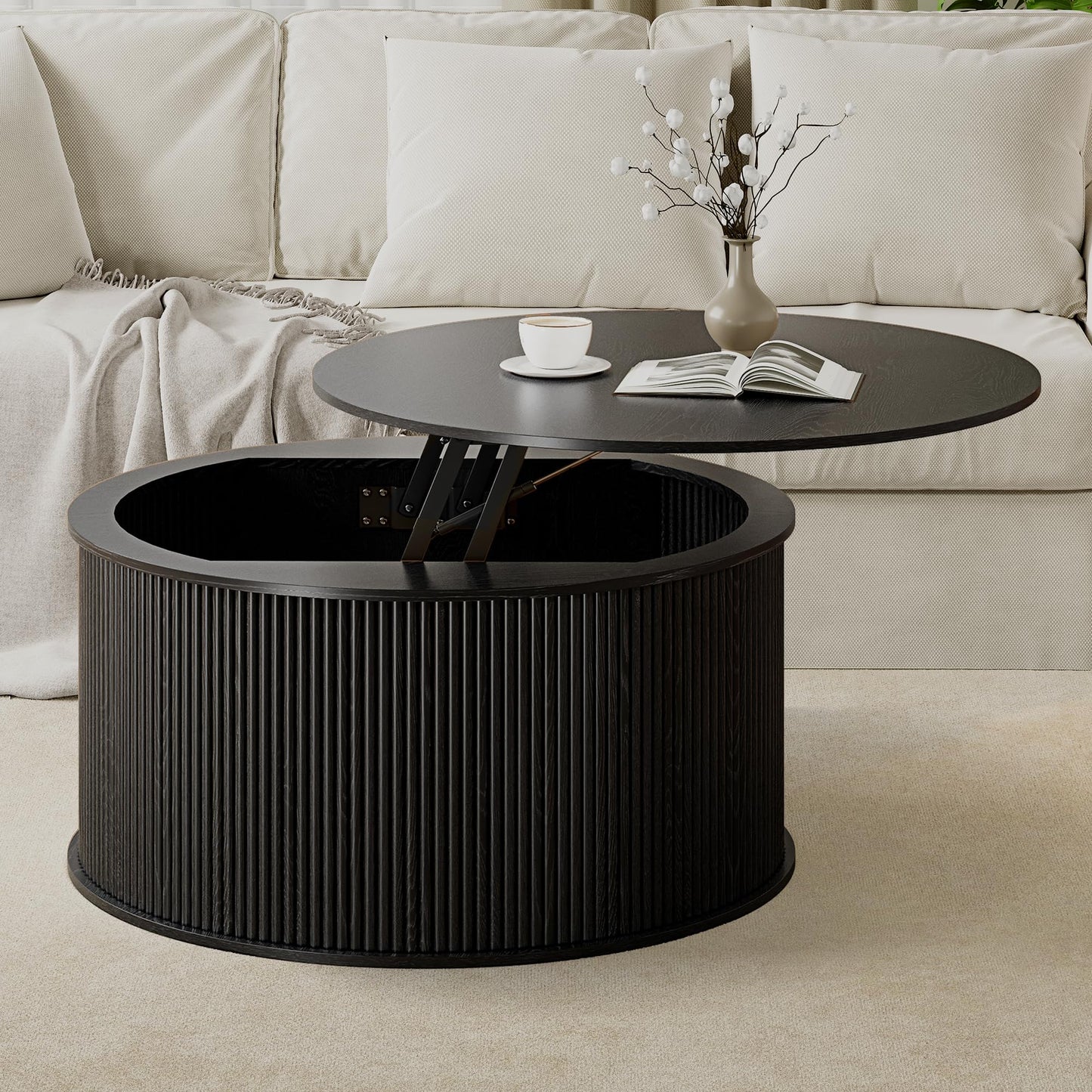 NVETHM Round Coffee Table, Lift Top Coffee Table with Storage, Farmhouse Fluted Center Table Circle Dining Table for Living Room, Reception Room, Home Office (Black)