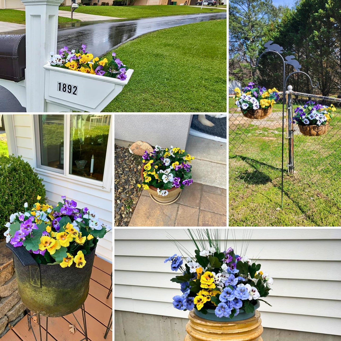 ASTRYAS 12 Bundles Artificial Flowers for Outdoor Fake Pansies Small Wild Flowers Faux Pansy Plastic Flowers for Home Garden Flower Beds Outdoor Plants (White/Purple/Yellow)