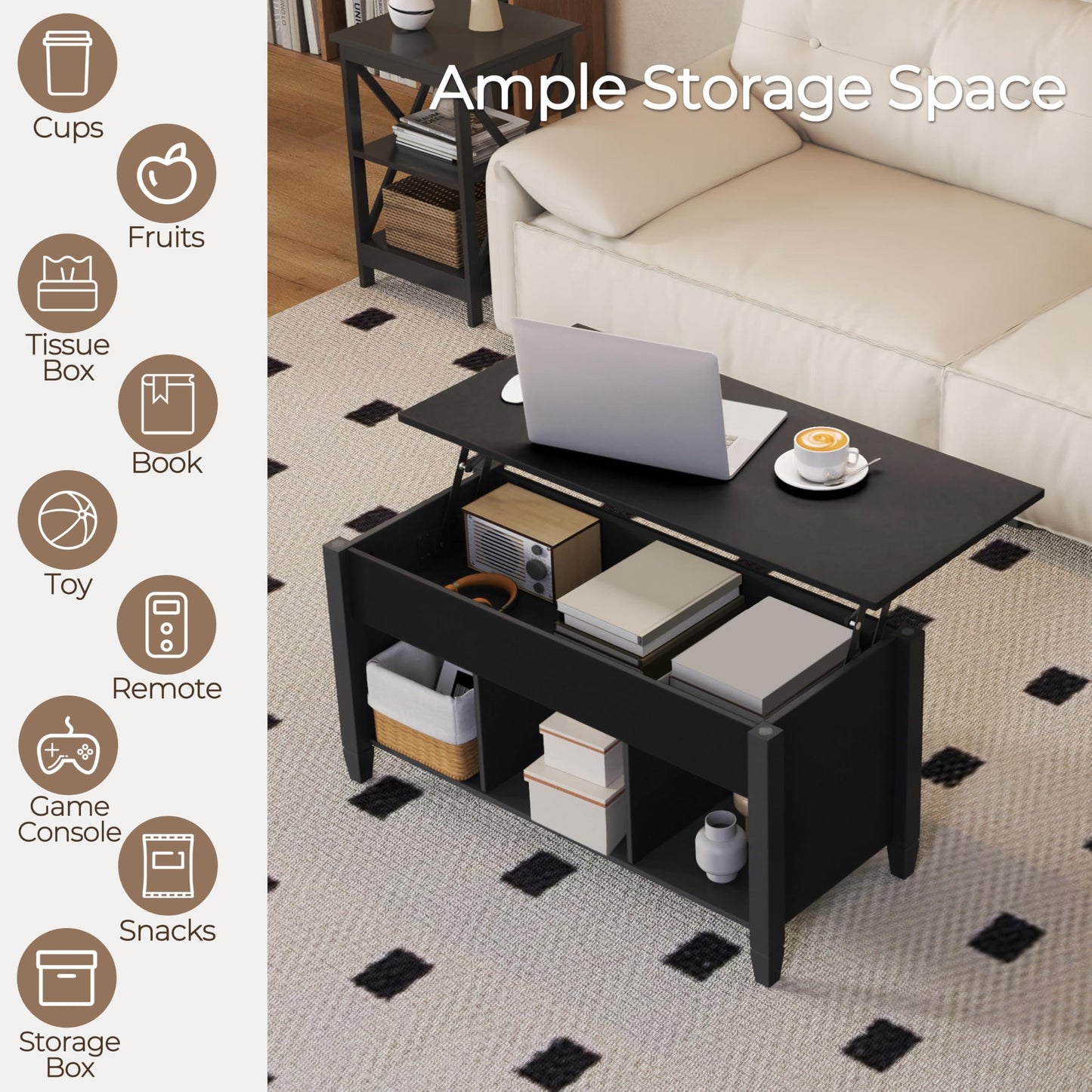 Yaheetech Coffee Table, Lift Top Coffee Table w/Hidden Storage Compartment & Lower 3 Cube Open Shelves, Lift Tabletop Center Tables for Living Room/Reception Room/Office, Black