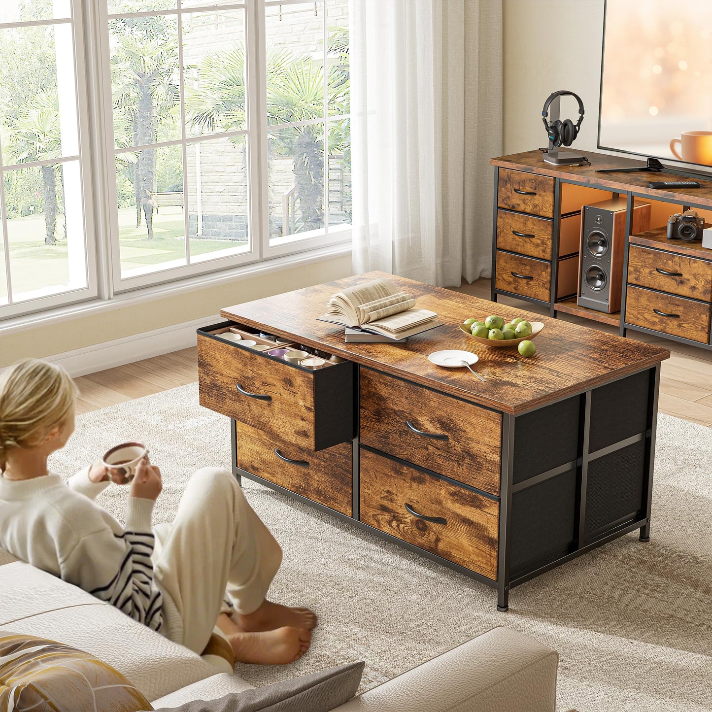 EnHomee Coffee Table with Storage, Modern Coffee Tables for Living Room, Black Center Table with Fabric Drawer and Large Hidden Space for Bedroom, Home, Office