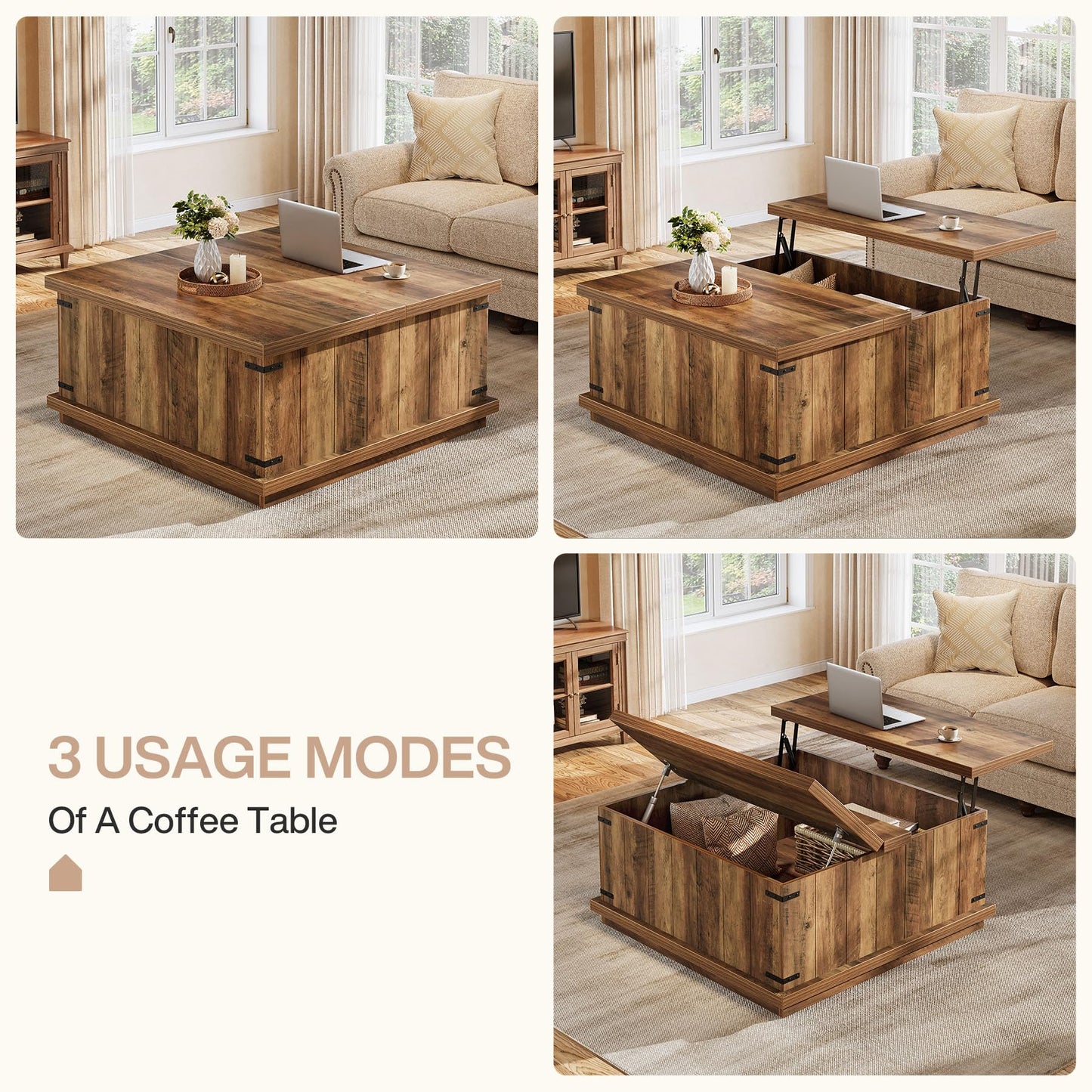 Tribesigns Farmhouse Lift Top Coffee Table, 33.46'' Square Wooden Center Cocktail Table with Large Hidden Storage Compartment for Living Room, Rustic Brown