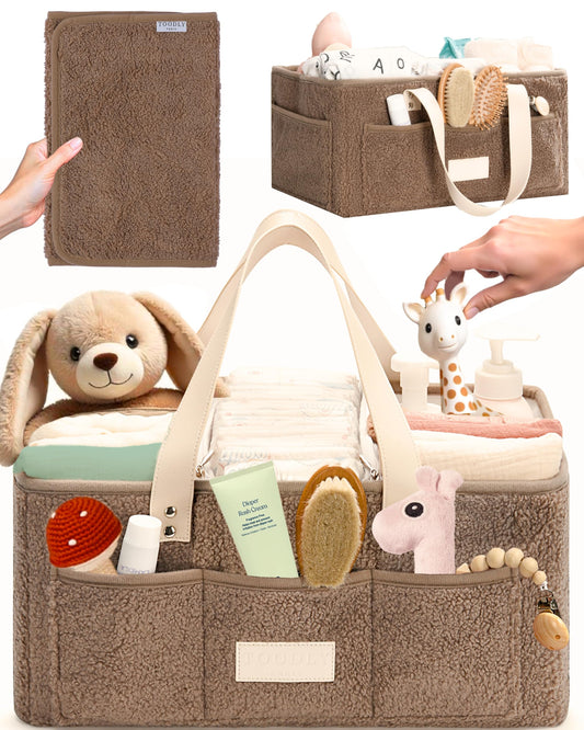 Baby Diaper Caddy Organizer with Portable Changing Mat - Teddy Fleece Nursery Storage Basket for Changing Table & Newborn Essentials – Baby Shower Gifts and Registry Must-Haves