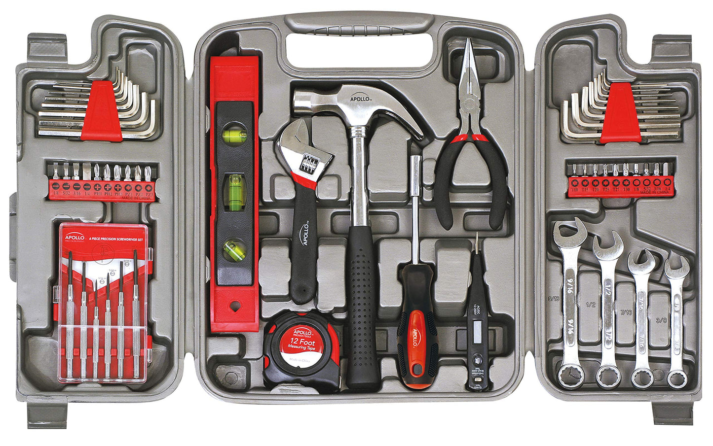 Apollo Tools 79 Piece Multi-Purpose SAE and Metric Tool Set with Sockets for the Garage, Home or on the Road. Includes Essential Tools for Vehicle Maintenance and Repairs - Red- DT9411