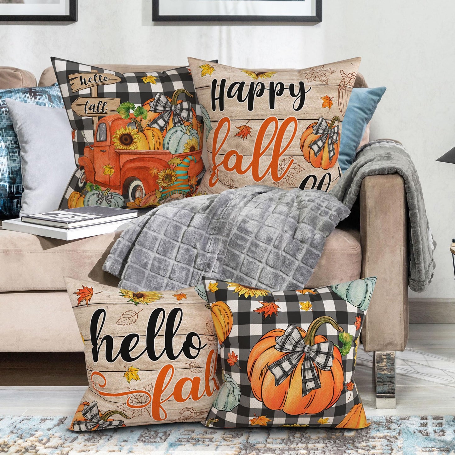 Unibyby Fall Pillow Covers 18x18 Set of 4 Hello Pumpkin Outdoor Throw Pillow Covers Home Decor Buffalo Check Plaid Pillowcase Square Cushion Covers for Sofa Bed Couch