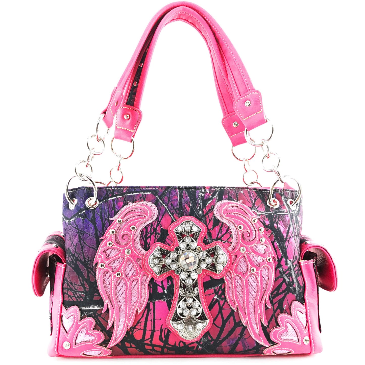 Zelris Camouflage Shine Glow Cross Wings Women Conceal Carry Handbag with Wallet (Hot Pink)