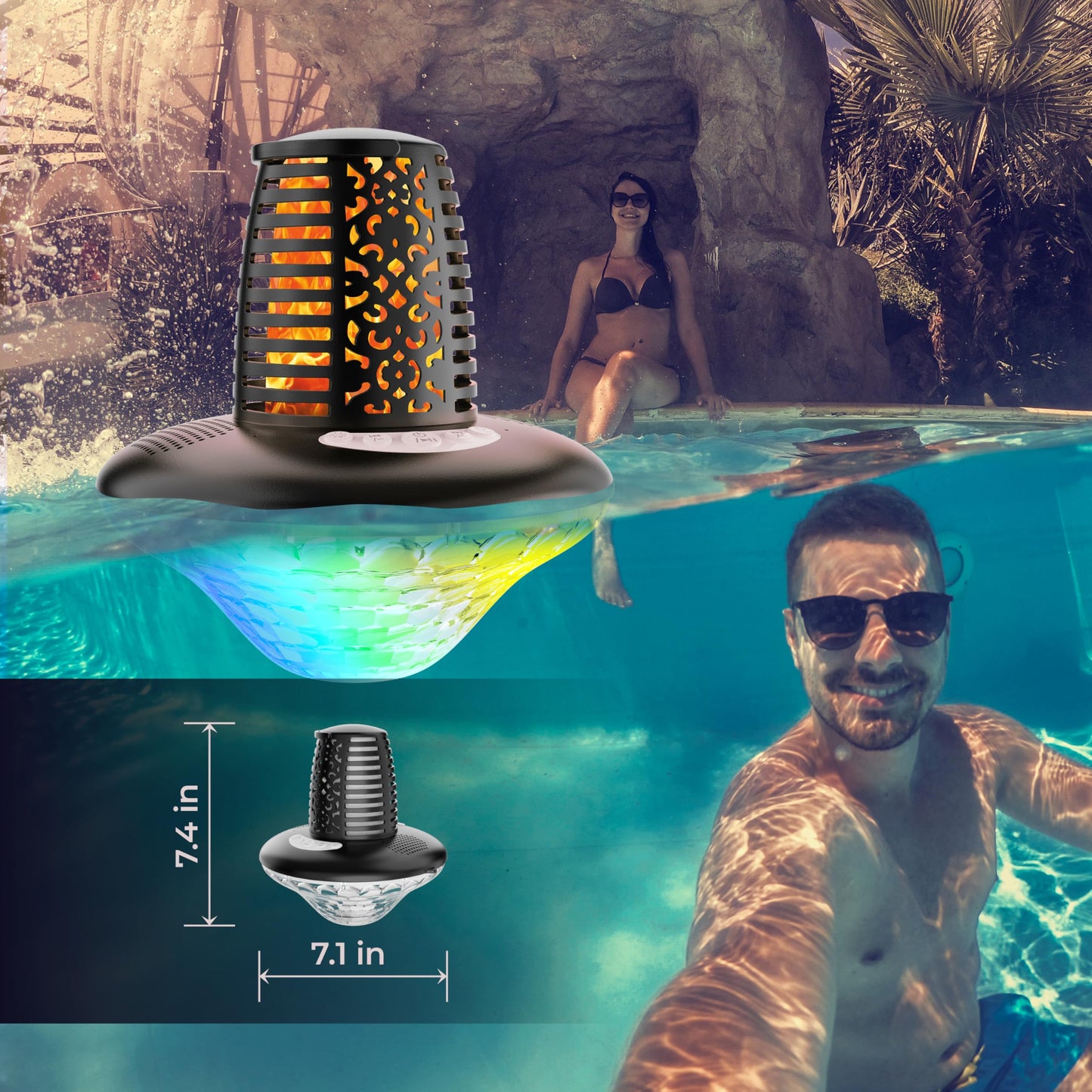 VISOFO Waterproof Portable Bluetooth Speaker | Pool Floating IP68 Loud Stereo HD Sound with RGB Colorful Lights and Led Torch Flame TWS Pairing Built-in Mic 10W Deep Bass Spa Hot Tub Accessories