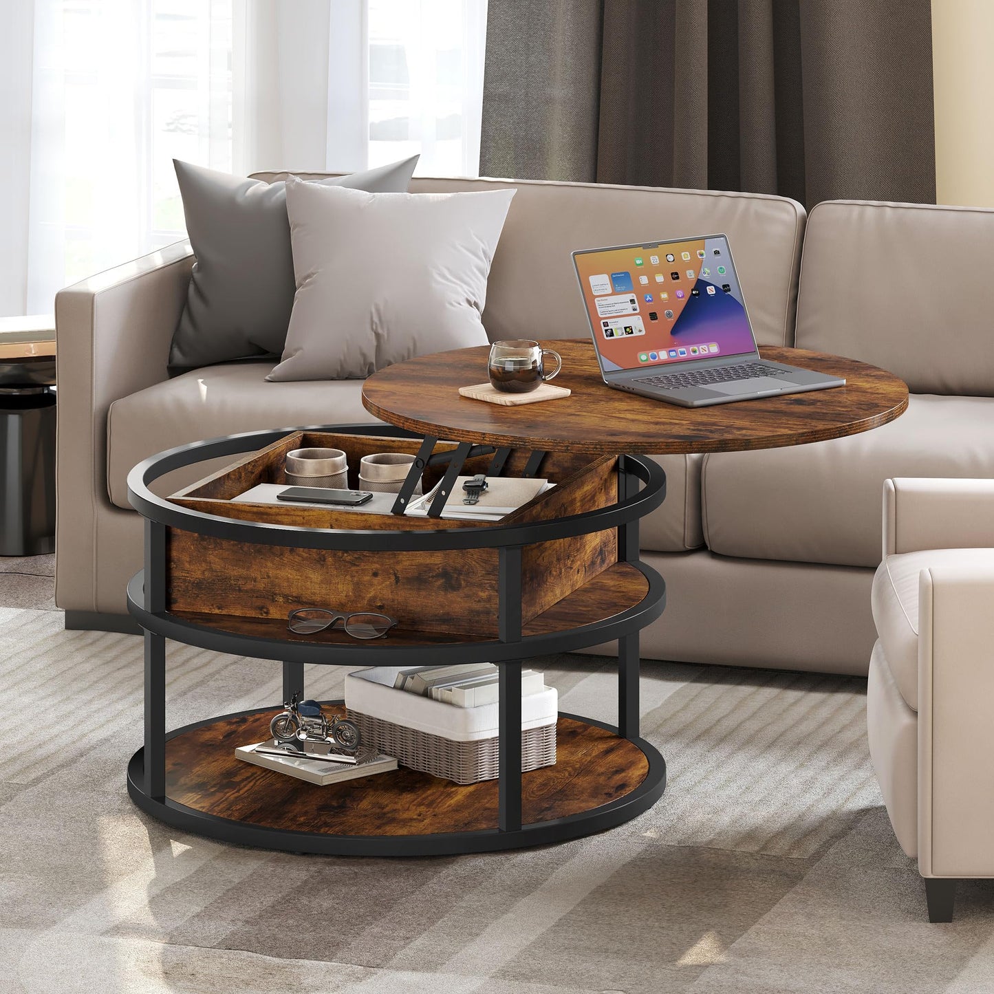 YITAHOME Round Lift Top Coffee Table with Storage, Brown Farmhouse Coffee Tables for Living Room Modern Coffee Table with Hidden Storage Compartment, Round Center Tables Living Room Home Office, Brown