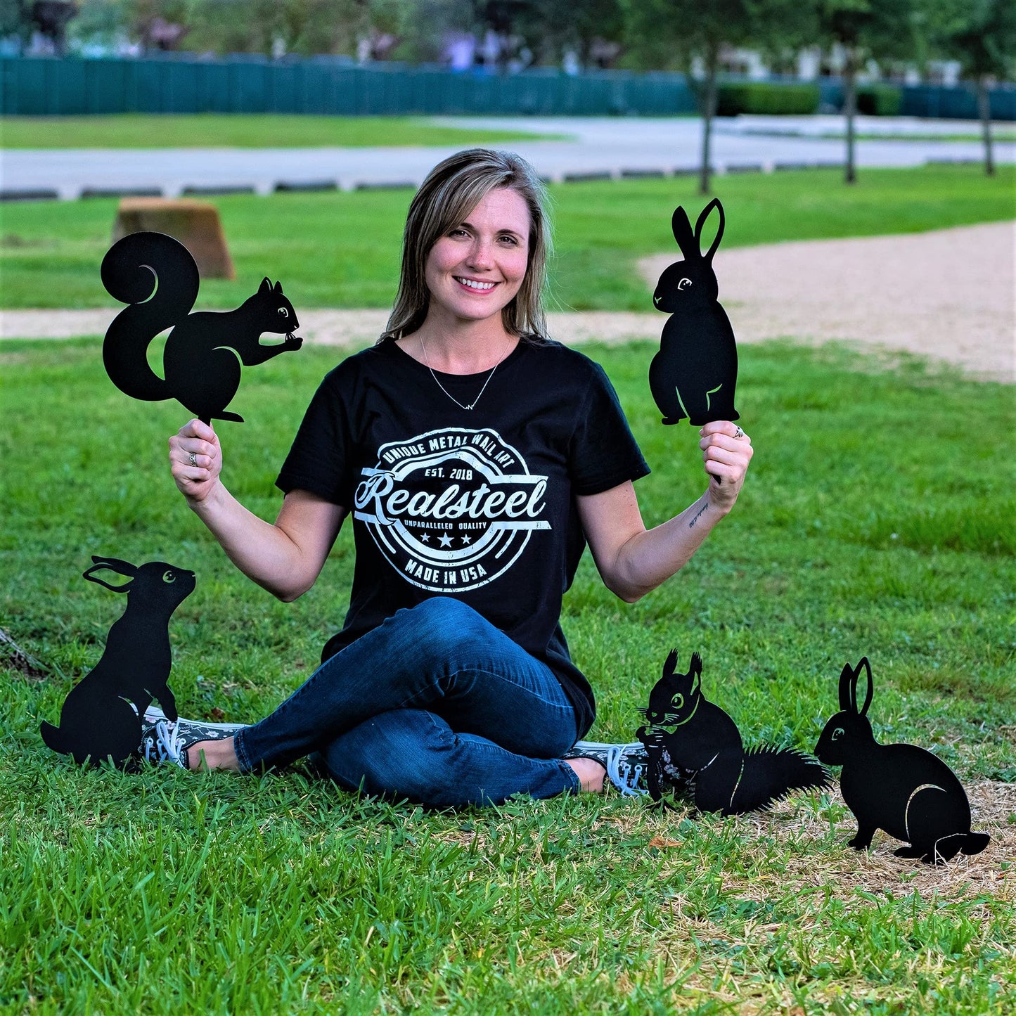 RealSteel Metal Garden Sculptures & Statues, Yard Art, Flowerbed Decoration, Outdoor Decor, Animal Stake Pack - Black