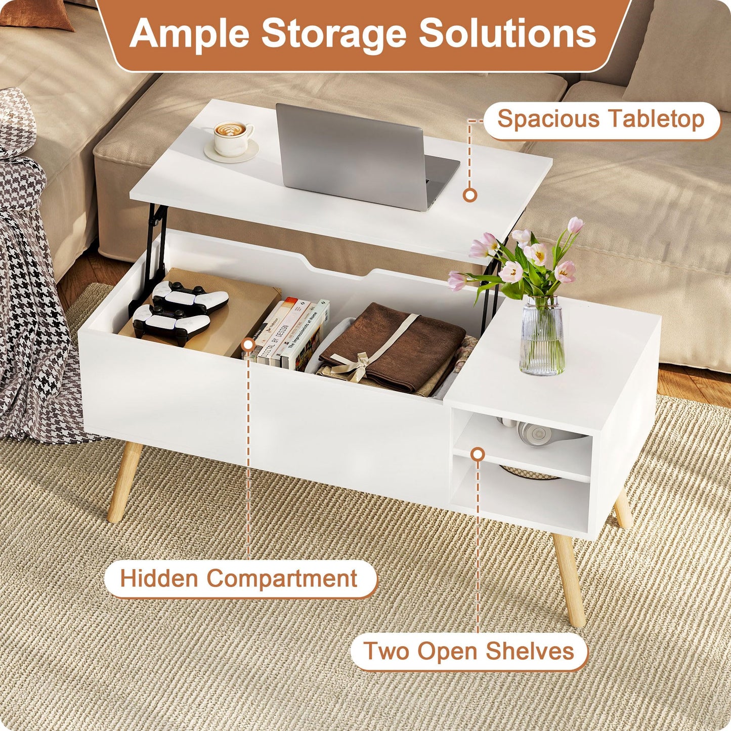 ALINE FURNITURE White Coffee Table Lift Top - Wood Coffee Table with Hidden Compartment Storage - 40" Pull Up Coffee Tables for Living Room