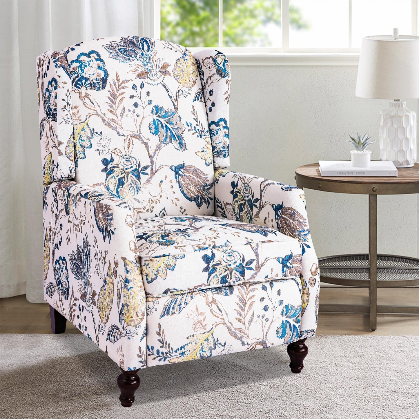 GUEAPY Mid Century Modern Wingback Recliner Chair for Adults, Push Back Upholstered Accent Chair with Floral Fabric, Manual Reclining Armchair for Living Room, Bedroom, Reading Corner (Blue Botanical)
